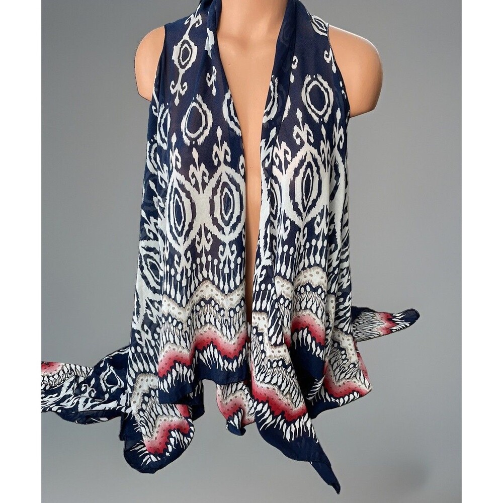G Blue Ikat Sheer Duster Open Draped Blouse Size S Lightweight Top